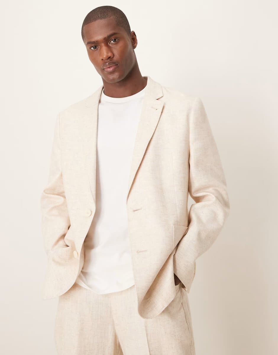 ASOS ASOS DESIGN linen cotton blend regular suit jacket in stone twill