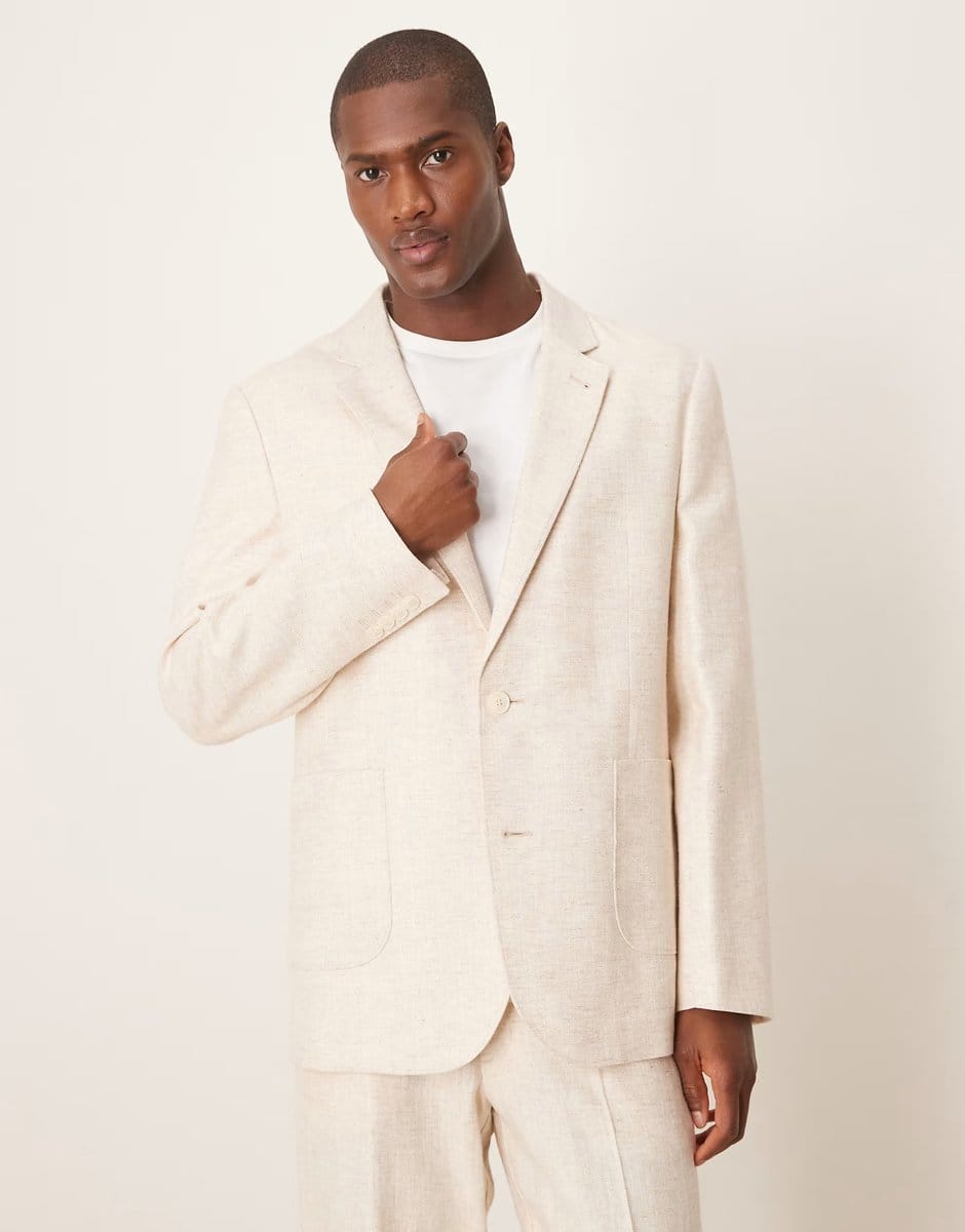 ASOS ASOS DESIGN linen cotton blend regular suit jacket in stone twill - 4