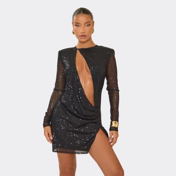 EGO Long Sleeve Cut Out Middle Split Leg Detail Mini Dress In Black Sequin, Women's Size UK 6