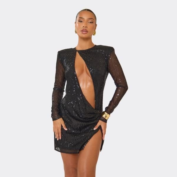 EGO Long Sleeve Cut Out Middle Split Leg Detail Mini Dress In Black Sequin, Women's Size UK 6 - 2
