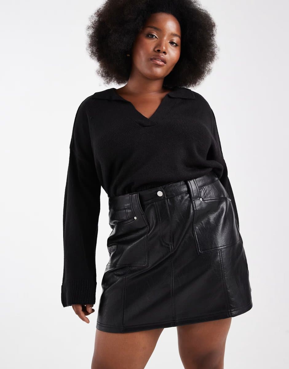 ASOS Renee Studio Plus exclusive leather look seam detail pocket front mini skirt in black