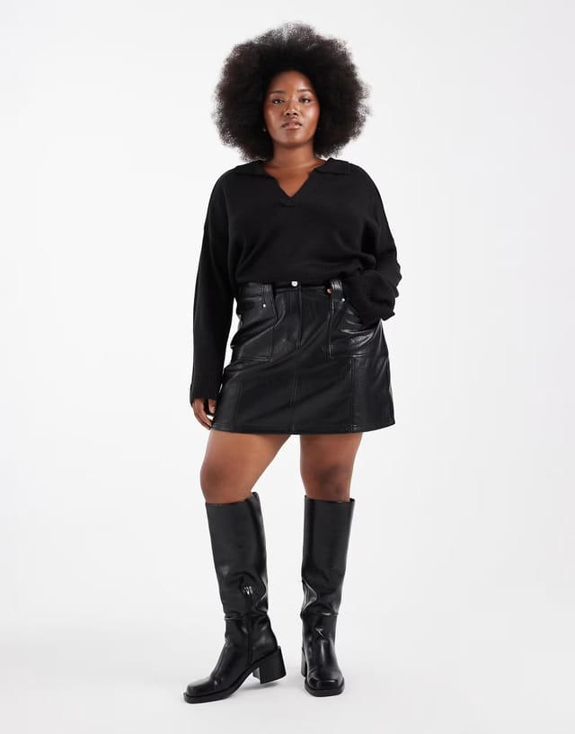 ASOS Renee Studio Plus exclusive leather look seam detail pocket front mini skirt in black - 2
