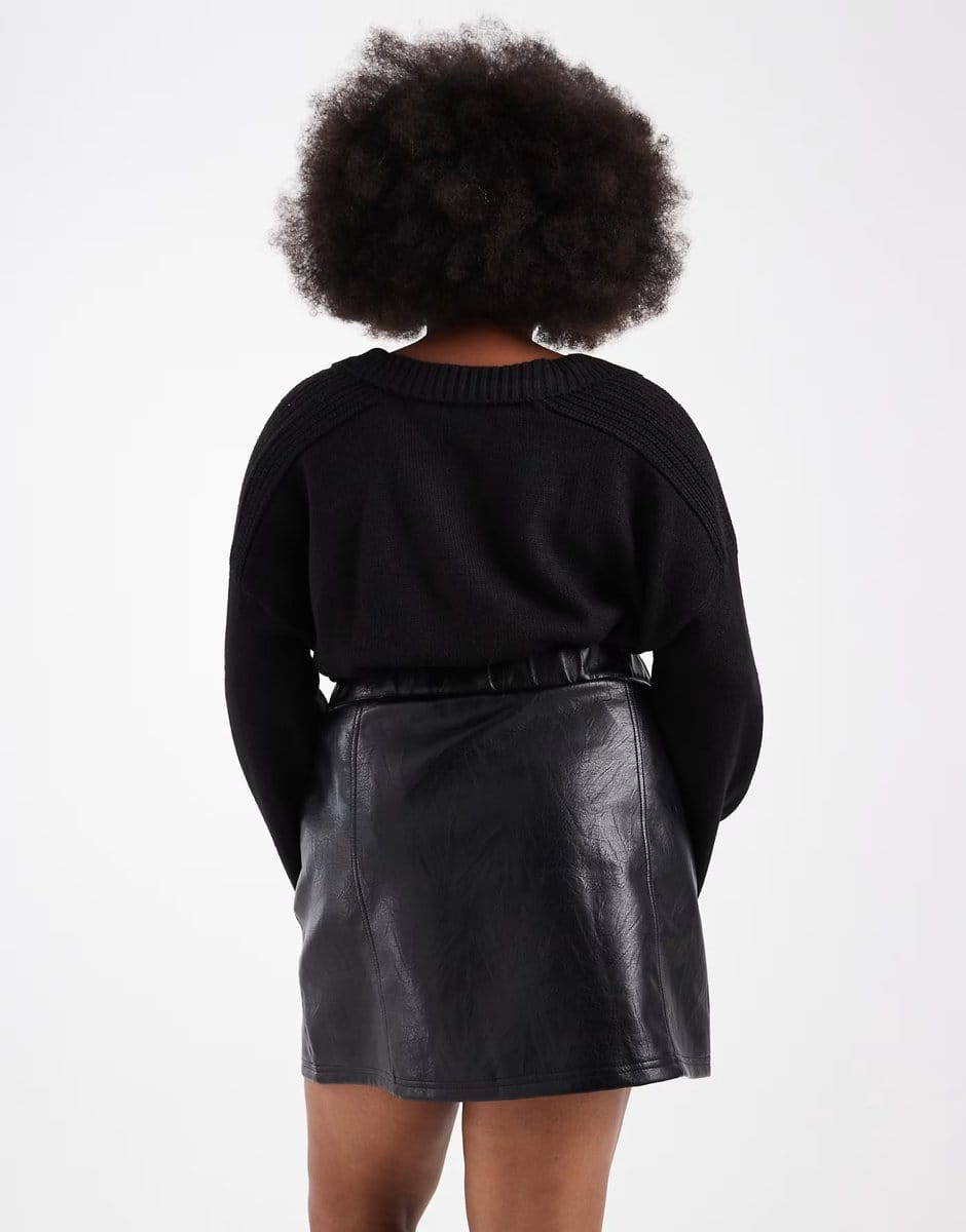 ASOS Renee Studio Plus exclusive leather look seam detail pocket front mini skirt in black - 4