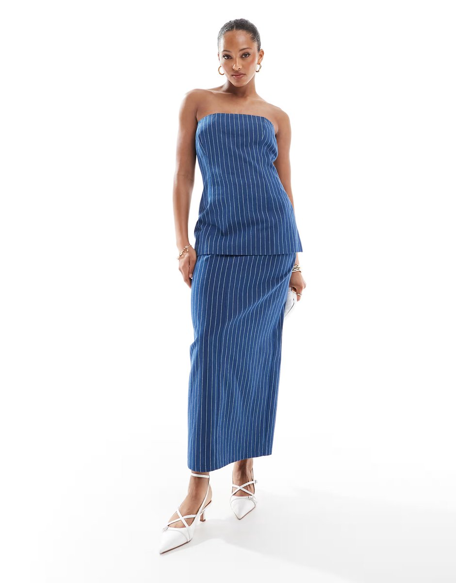 ASOS 4th & Reckless tailored bandeau longline top co-ord in denim blue pinstripe - 2