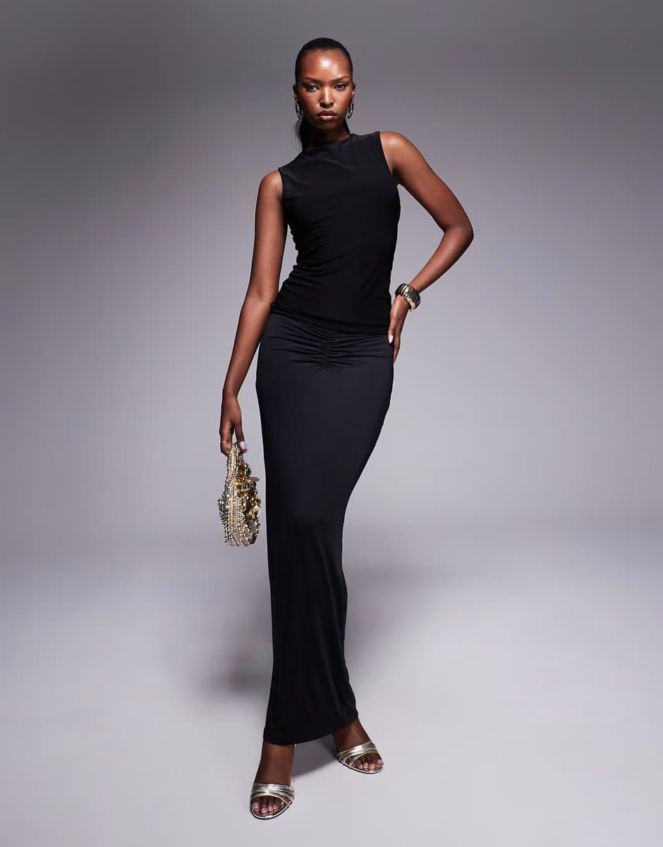 ASOS Princess Polly slinky ruched detail maxi skirt in black