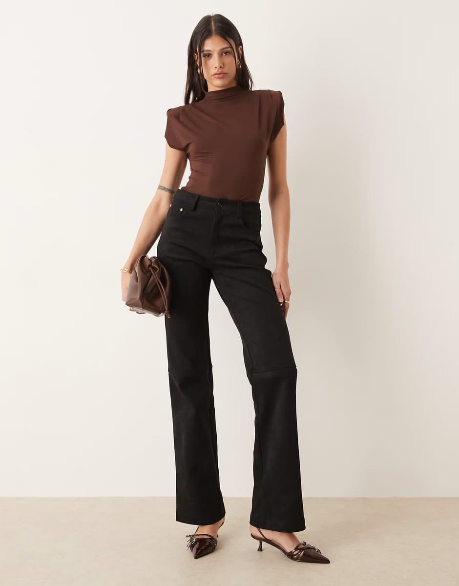 ASOS Long Legs London High Waisted Faux Suede Trousers in Black