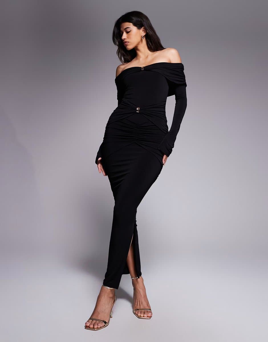 ASOS Ruched & Ready sculpted off shoulder gold hardware detail ruched bodycon maxi dress in black