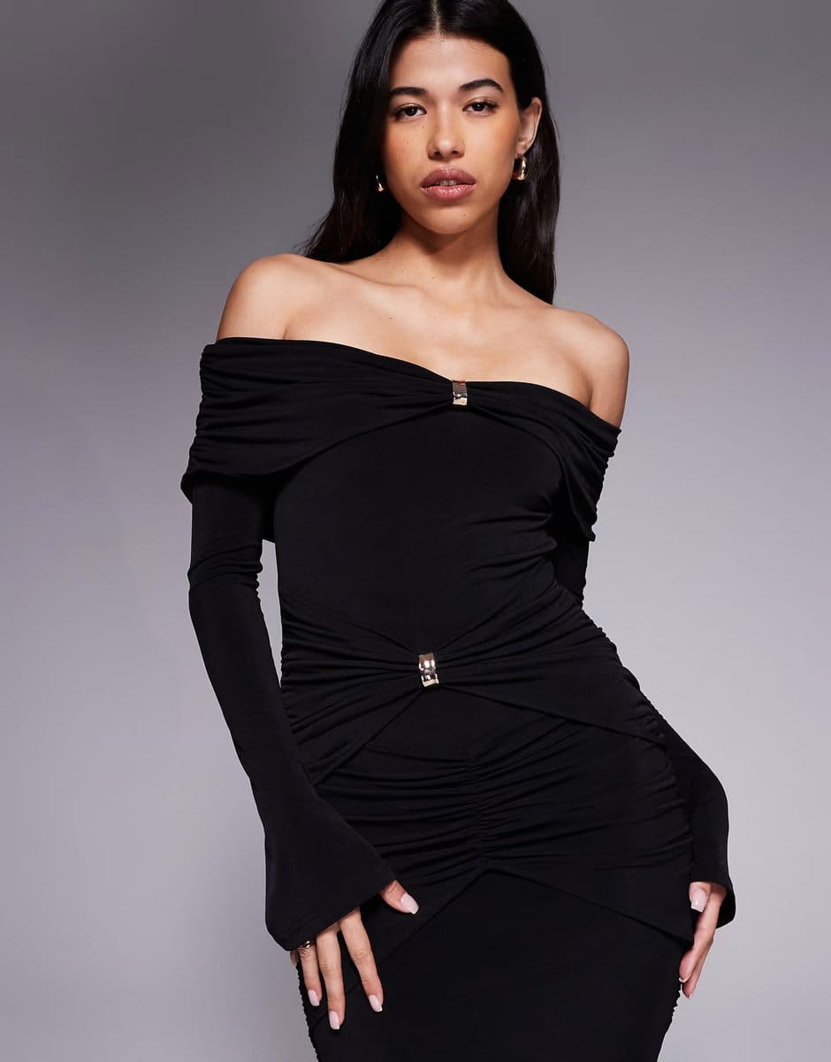 ASOS Ruched & Ready sculpted off shoulder gold hardware detail ruched bodycon maxi dress in black - 4