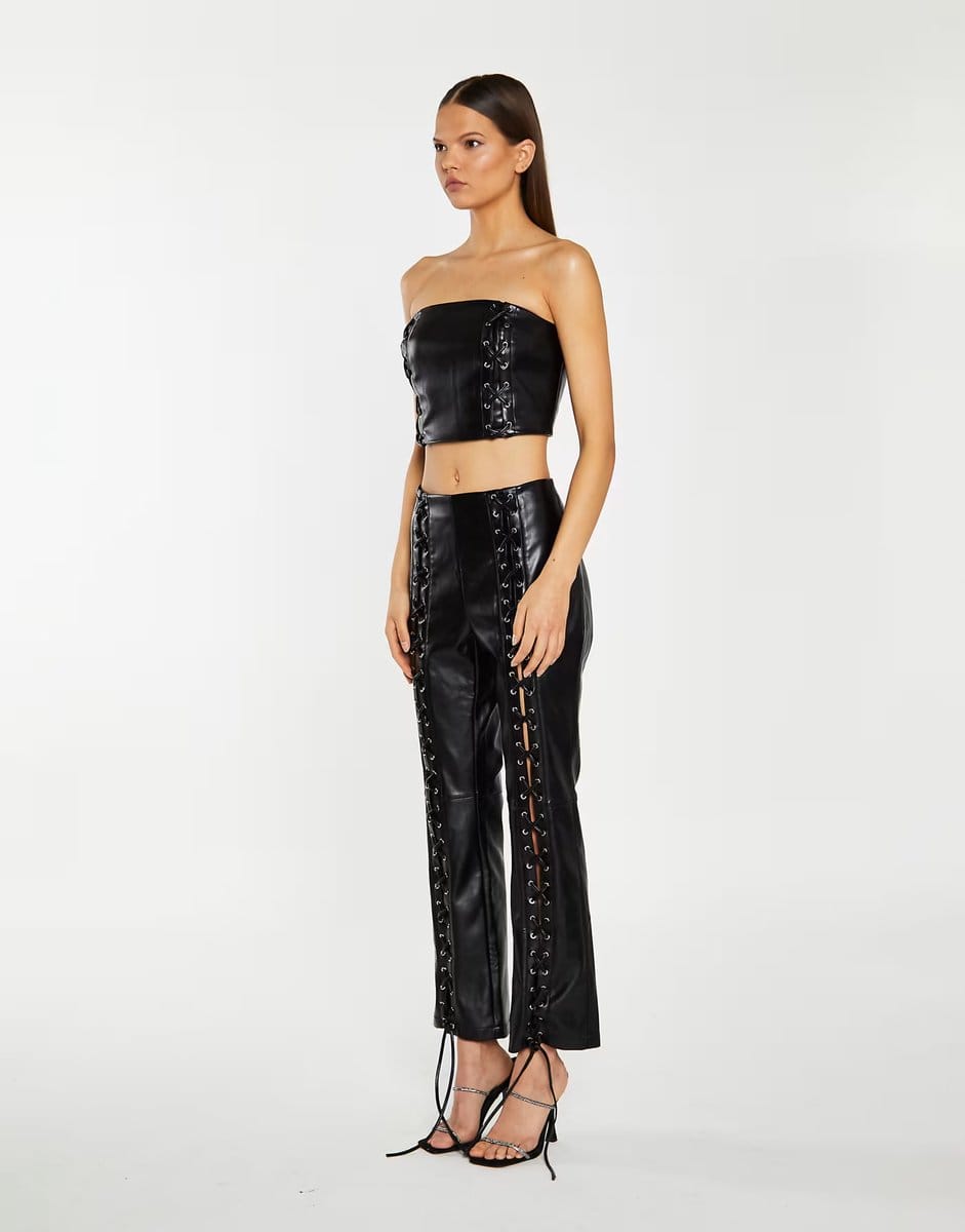 ASOS Collective The Label Low waist trousers with statement lace-up detail in black pu - 4