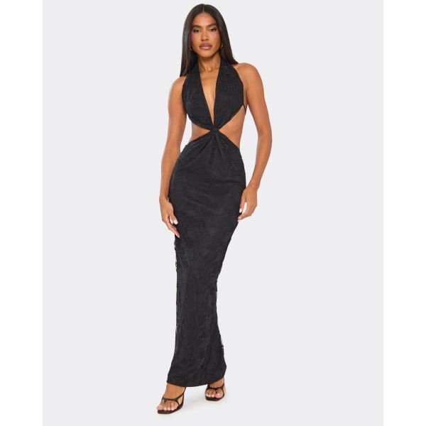 EGO Plunge Halterneck Knot Front Detail Maxi Dress In Black Lace, Women's Size UK 6 - 2