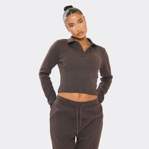 EGO Long Sleeve Polo Button Detail Fitted Top In Chocolate Brown Ribbed, Women's Size UK 6