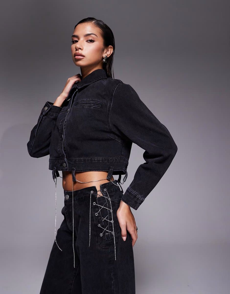 ASOS Liquor N Poker boxy denim chain detail jacket co-ord in black