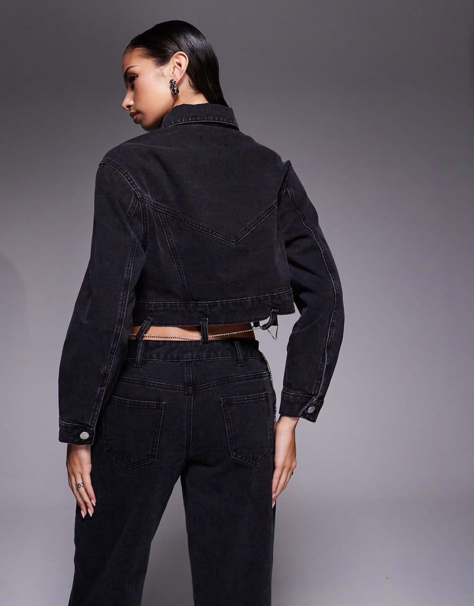 ASOS Liquor N Poker boxy denim chain detail jacket co-ord in black - 4