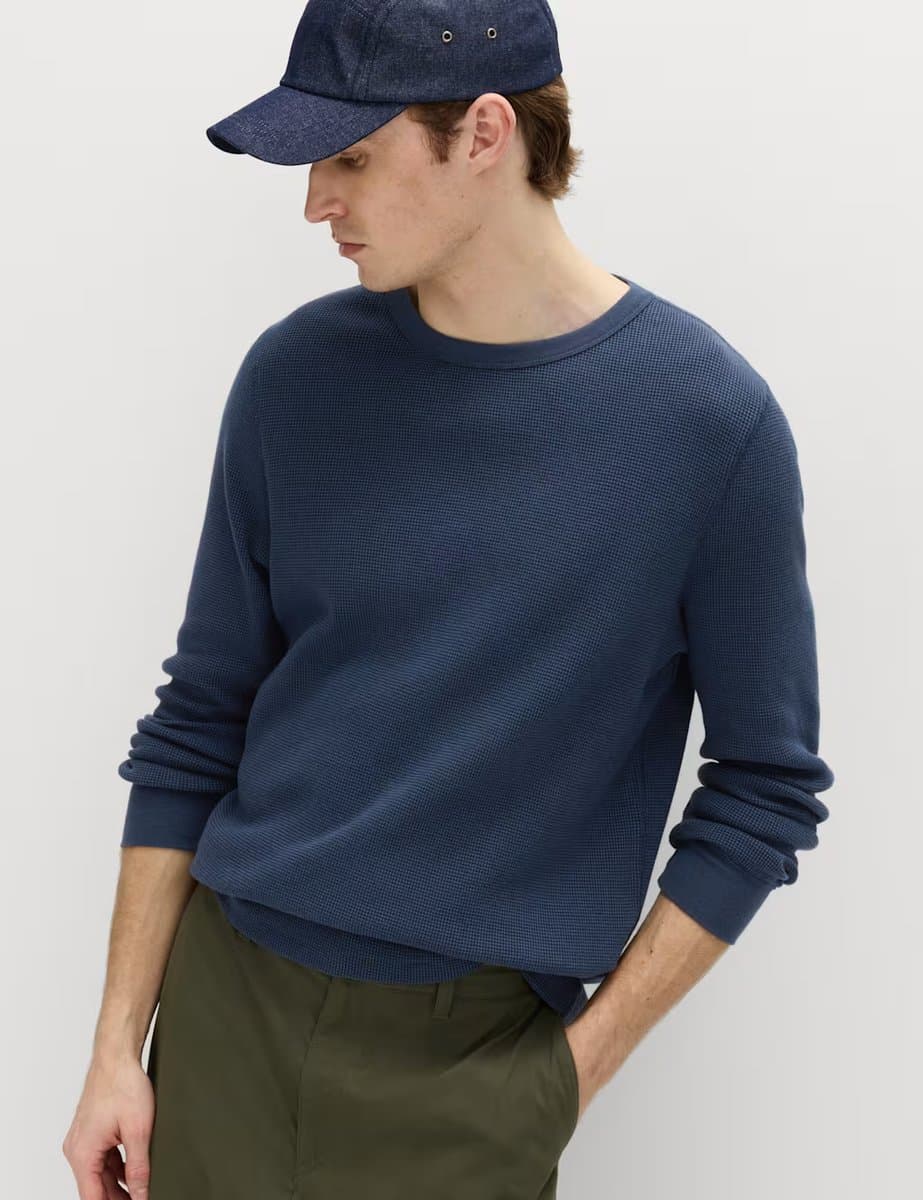 Marks & Spencer M&S Pure Cotton 2-Tone Waffle Sweatshirt Navy