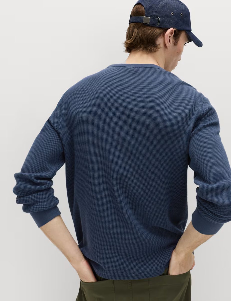 Marks & Spencer M&S Pure Cotton 2-Tone Waffle Sweatshirt Navy - 3