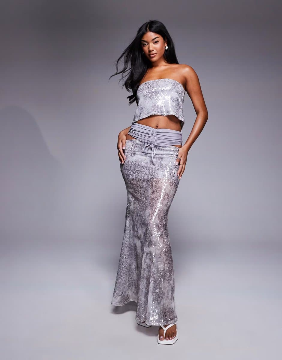 ASOS ASOS x THE SOURCED COLLECTION sequin ruched maxi skirt co-ord in grey