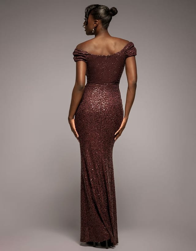 ASOS Goddiva Cap sleeve iridescent sequin cowl maxi dress in brown - 2