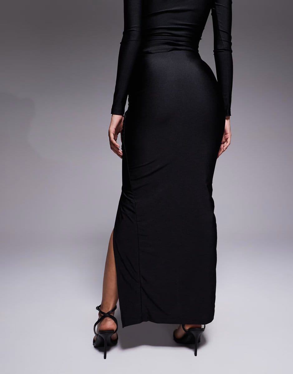 ASOS Ruched & Ready Looked Twice sculpted high shine drape front thigh split maxi skirt co-ord in black - 4