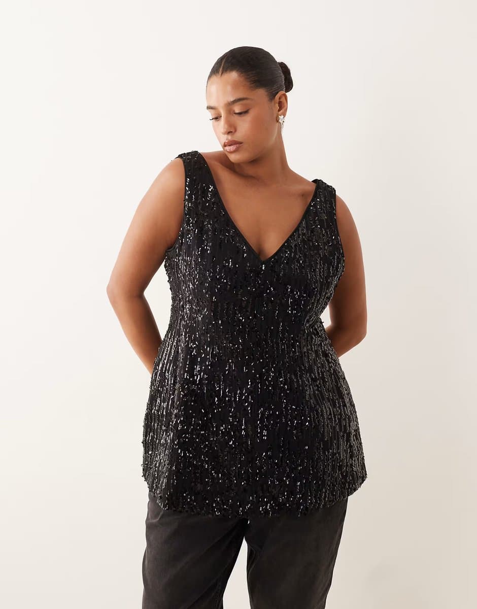 ASOS ASOS DESIGN Curve tailored v neck sequin cinched waist peplum top in black