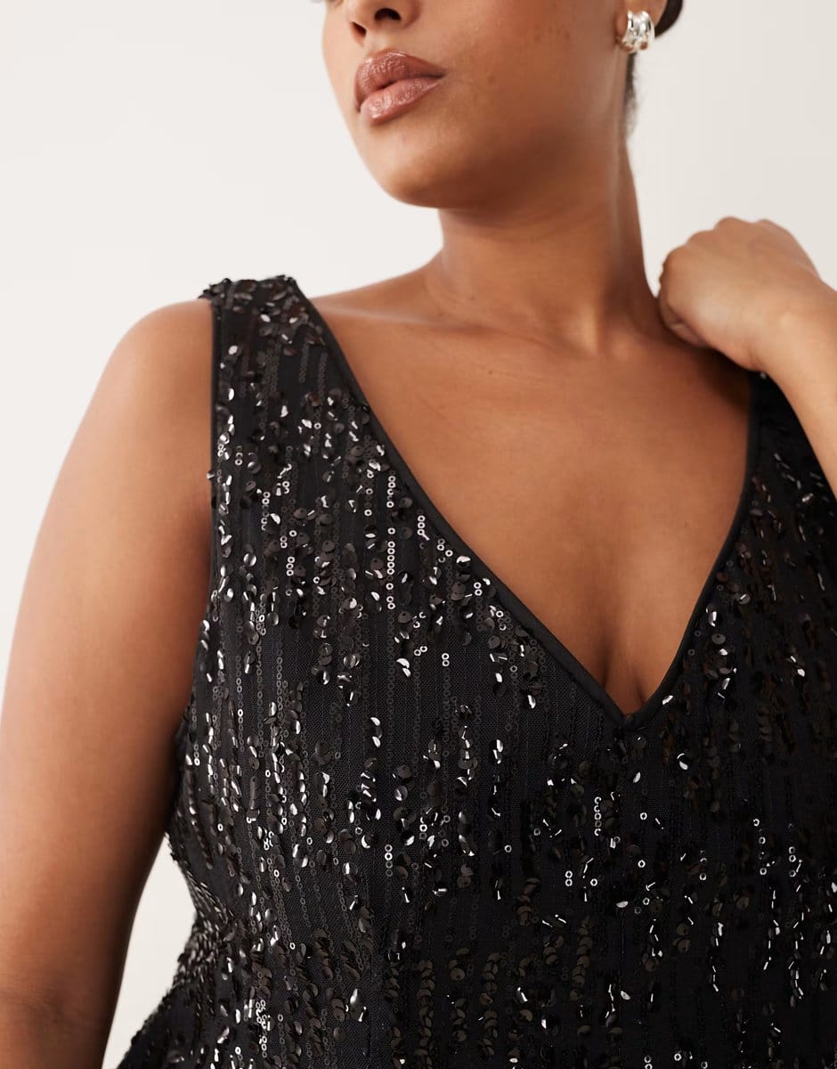 ASOS ASOS DESIGN Curve tailored v neck sequin cinched waist peplum top in black - 4