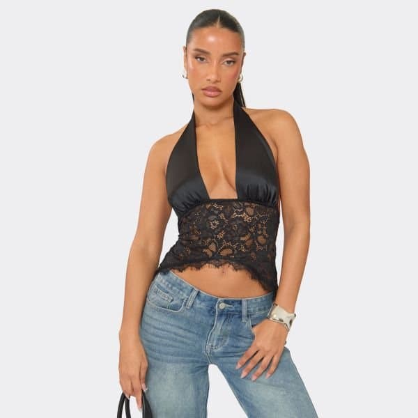 EGO Halter Neck Lace Body Detail Top In Black Satin, Women's Size UK 8
