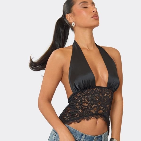 EGO Halter Neck Lace Body Detail Top In Black Satin, Women's Size UK 8 - 2