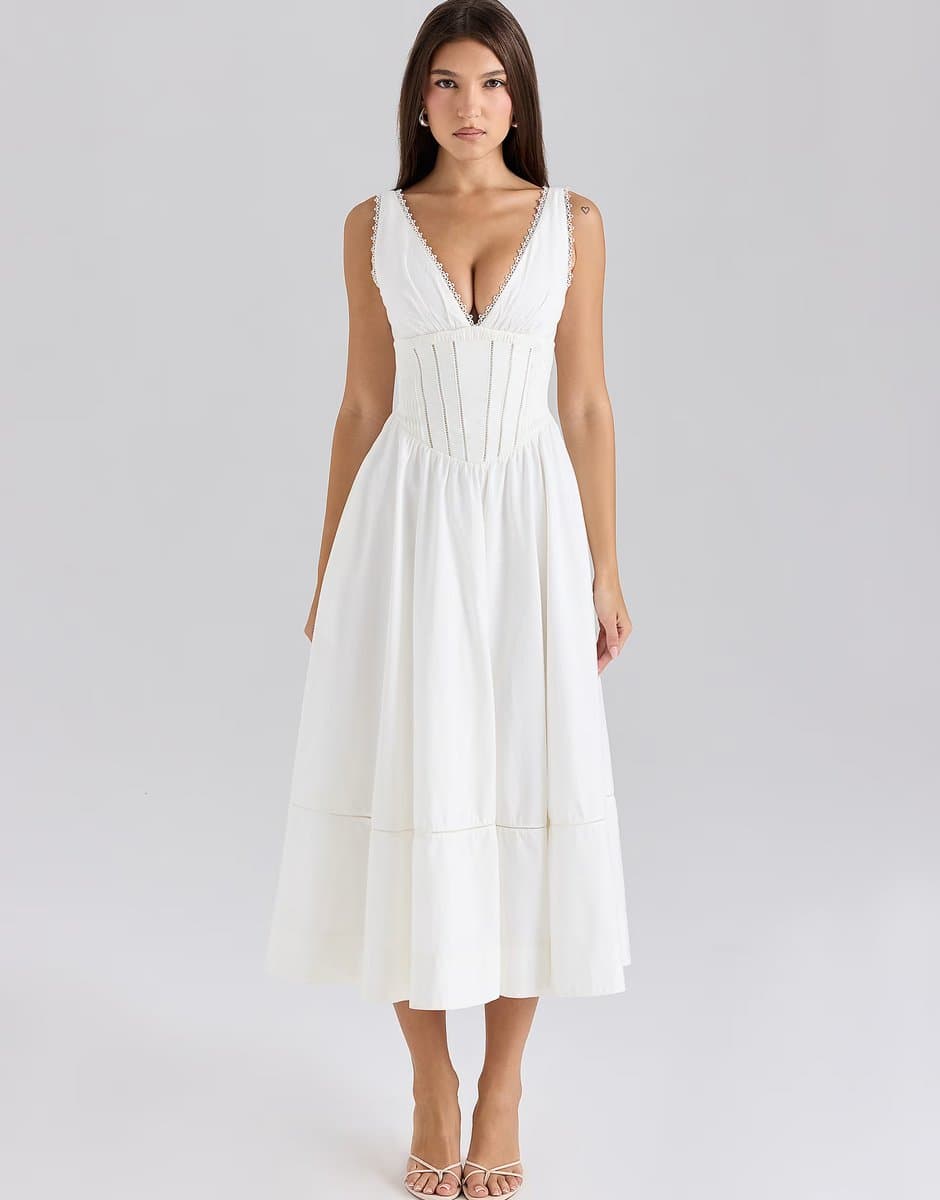 ASOS House of CB Samia White Stretch Cotton Midi Sundress