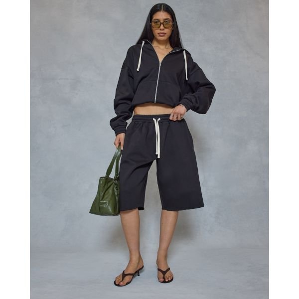 EGO Drawstring Waist Sweat Jorts In Black, Women's Size UK 6 - 2