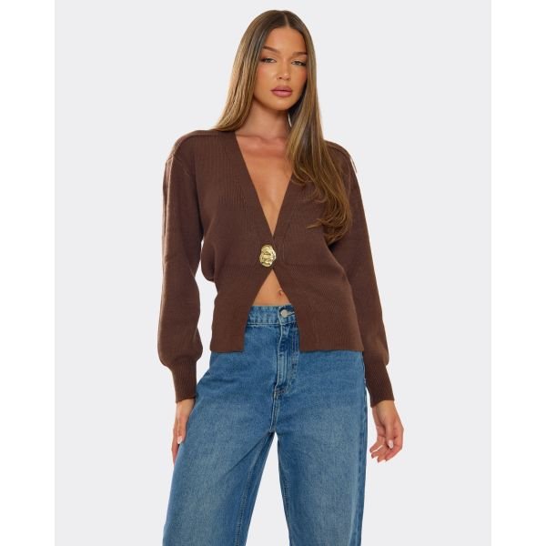 EGO Long Sleeve Gold Button Detail Cardigan In Chocolate Brown Knit, Women's Size UK Medium/Large M/L - 2