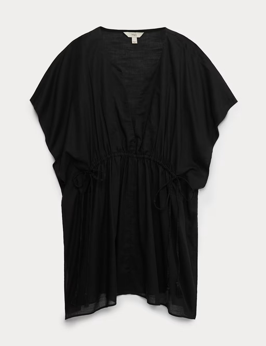 Marks & Spencer M&S Pure Cotton Tie Detail Mini Kaftan Dress Black - 2