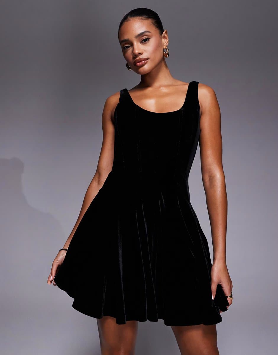 ASOS Rare London Black Velvet Scoop Neck Skater Mini Dress