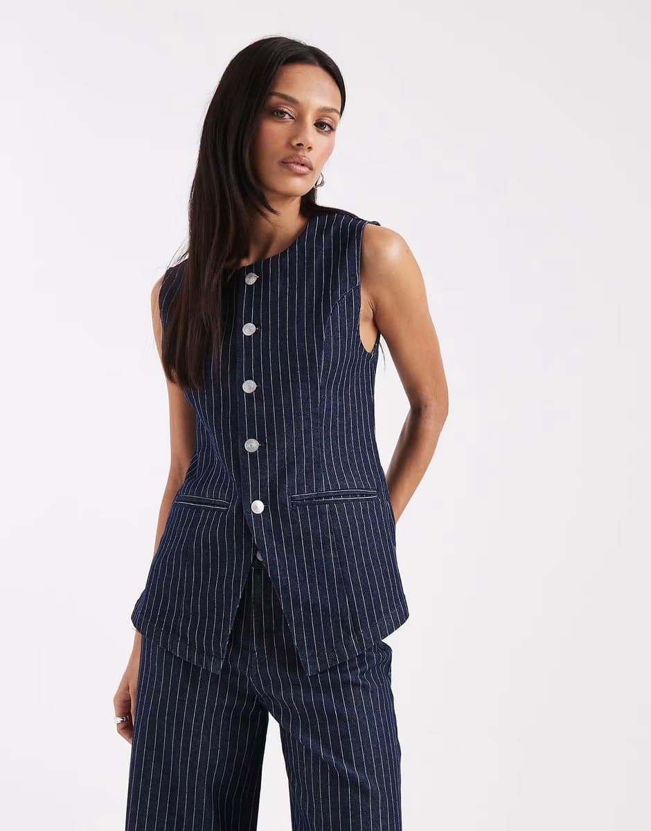 ASOS Pieces longline denim waistcoat co-ord in dark blue pinstripe