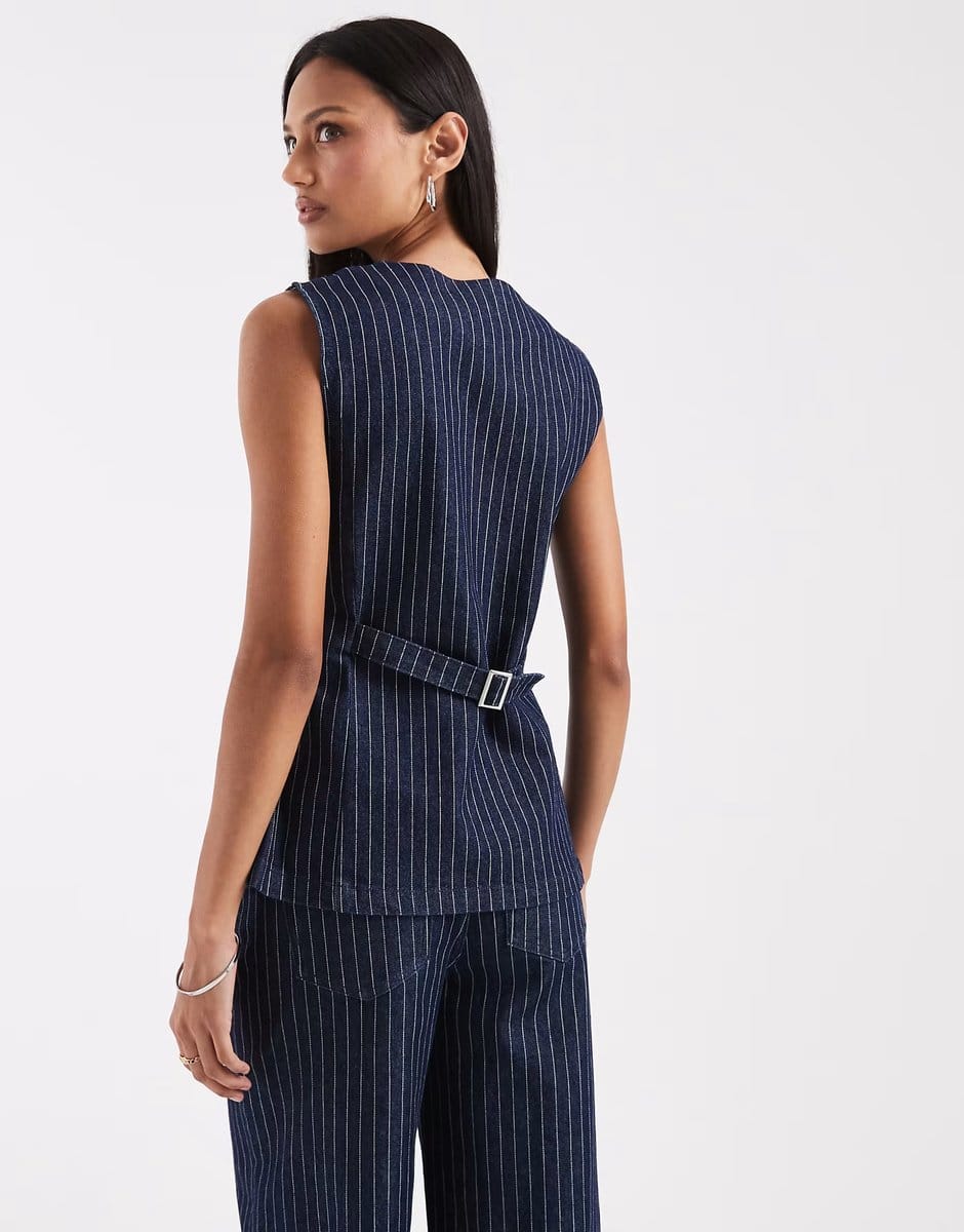 ASOS Pieces longline denim waistcoat co-ord in dark blue pinstripe - 4