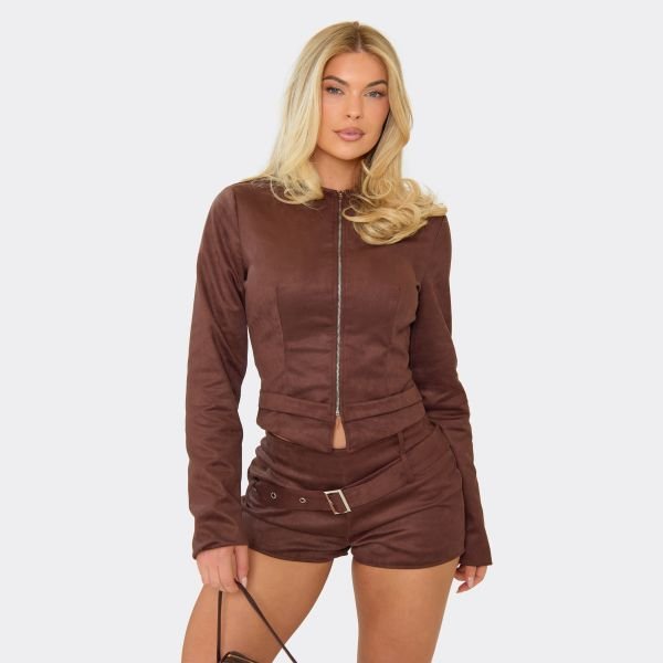 EGO Long Sleeve Zip Front Top In Chocolate Brown Faux Suede, Women's Size UK 6 - 1