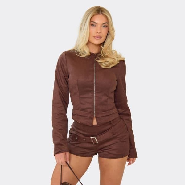 EGO Long Sleeve Zip Front Top In Chocolate Brown Faux Suede, Women's Size UK 6