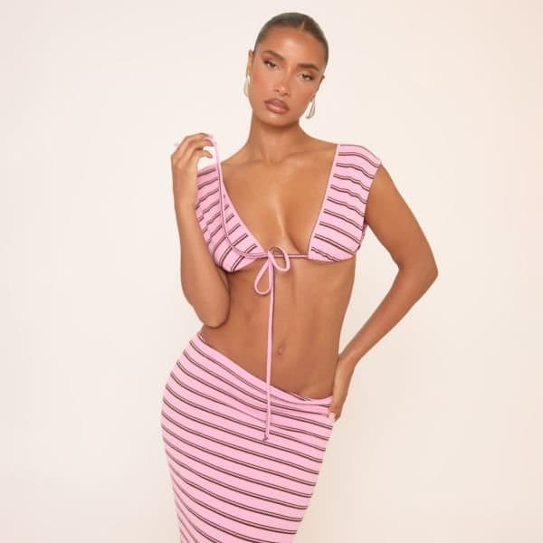 EGO Sleeveless Tie Front Bralet Top In Pink And Brown Stripe, Women's Size UK 4
