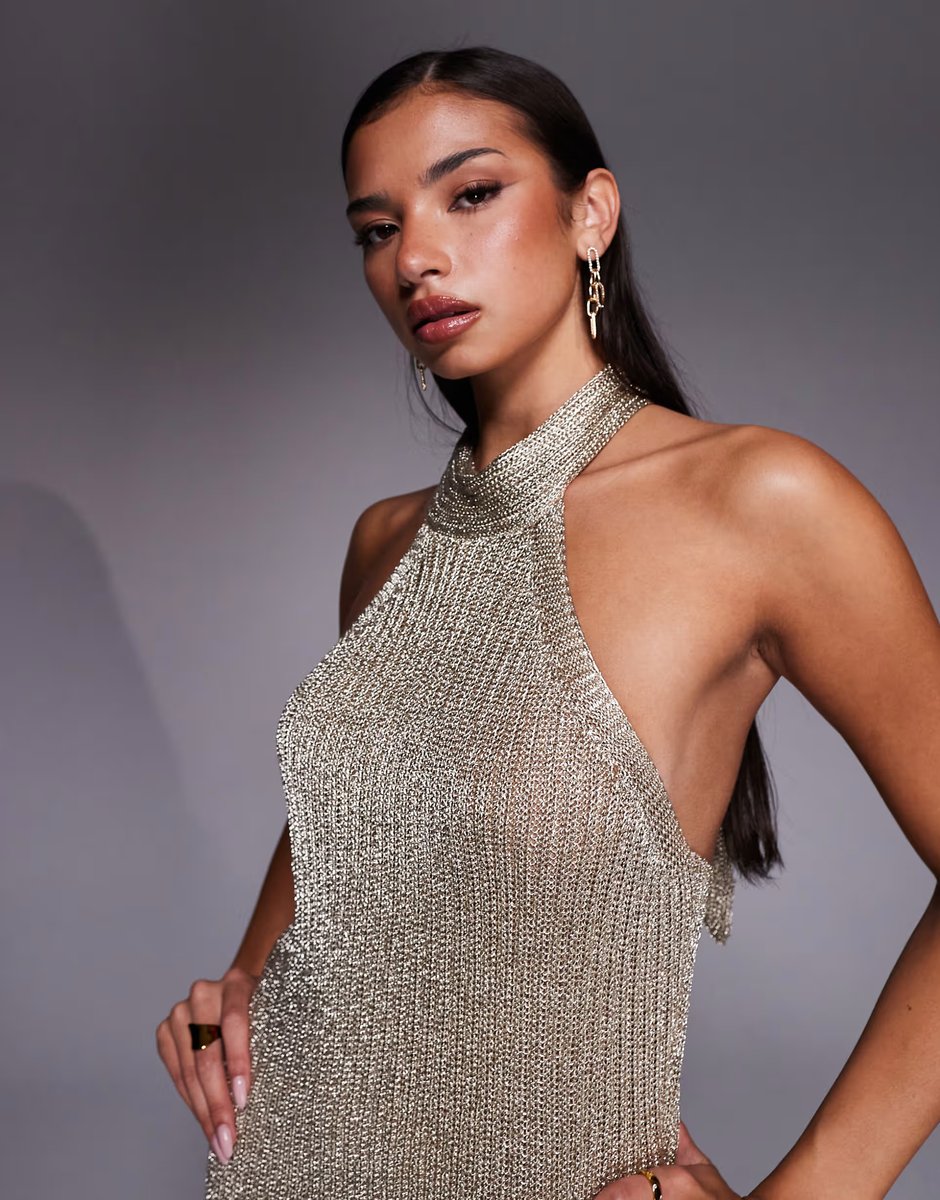 ASOS JLUXLABEL Echo of Light halter neck maxi dress in gold - 3