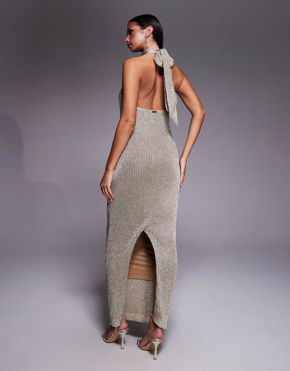 ASOS JLUXLABEL Echo of Light halter neck maxi dress in gold - 4