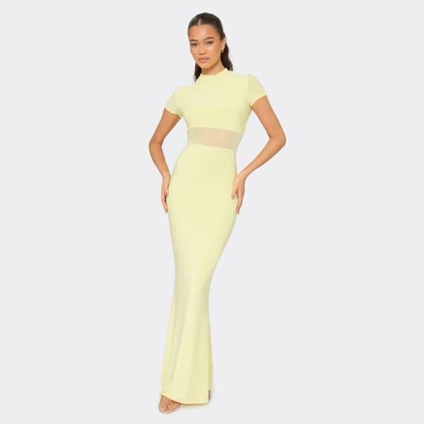 EGO Short Sleeve High Neck Mesh Insert Maxi Dress In Yellow Slinky, Women's Size UK 6