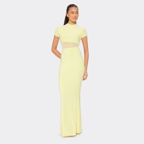 EGO Short Sleeve High Neck Mesh Insert Maxi Dress In Yellow Slinky, Women's Size UK 6 - 2