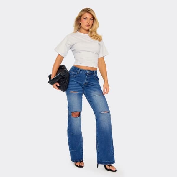 EGO EGO Distressed Detail Straight Leg Jeans in Mid Blue Wash