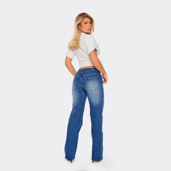 EGO Mid Rise Distressed Detail Straight Leg Jeans In Mid Blue Wash, Women's Size UK 6 - 2