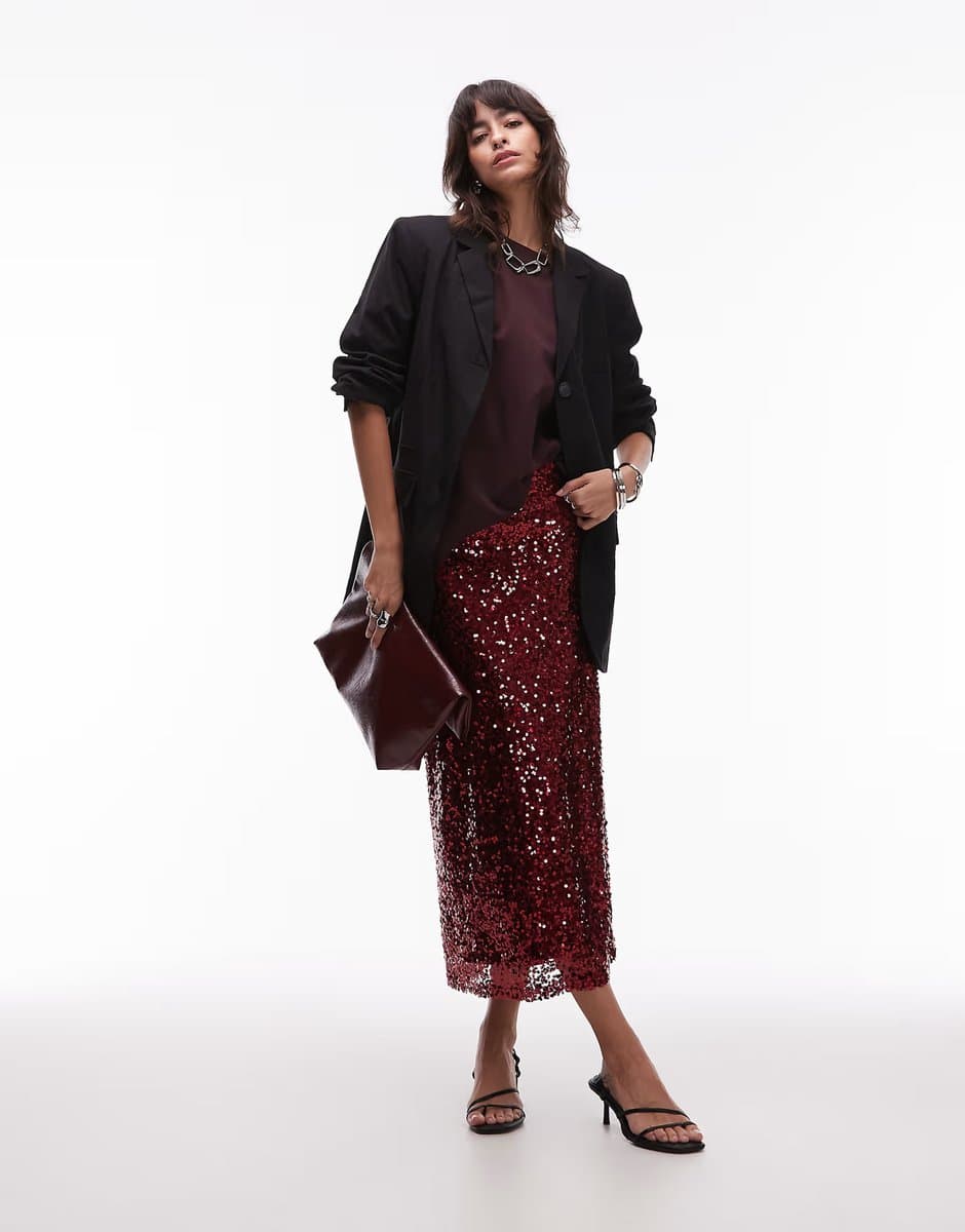 ASOS ASOS DESIGN Sequin Midi Skirt in Burgundy