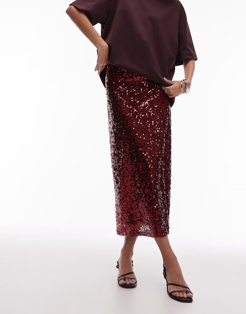 ASOS ASOS DESIGN sequin midi skirt in cherry - 4
