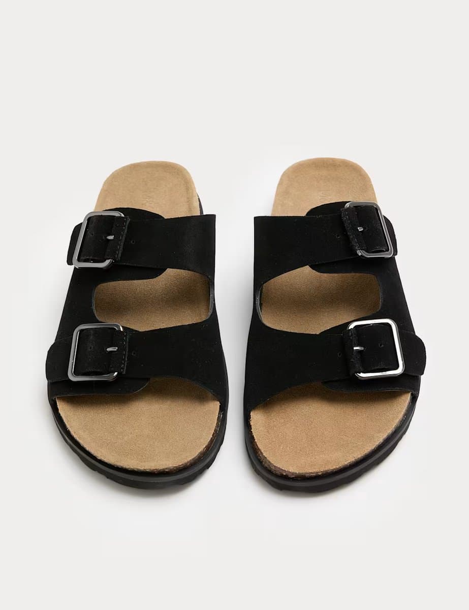 Marks & Spencer M&S Suede Double Buckle Footbed Mules Black
