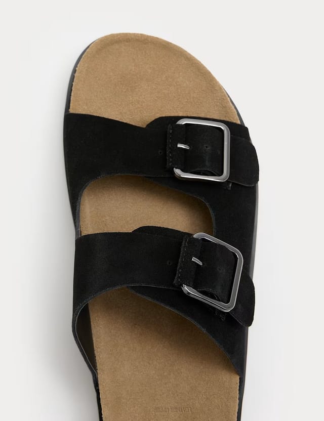 Marks & Spencer M&S Suede Double Buckle Footbed Mules Black - 2