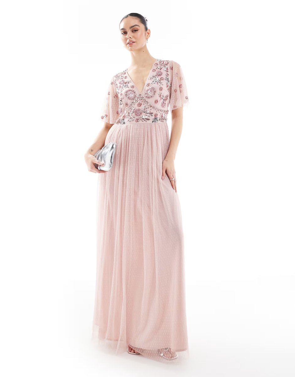 ASOS Maya Floral embellished Polka Dot mesh maxi bridesmaid dress in blush pink - 1