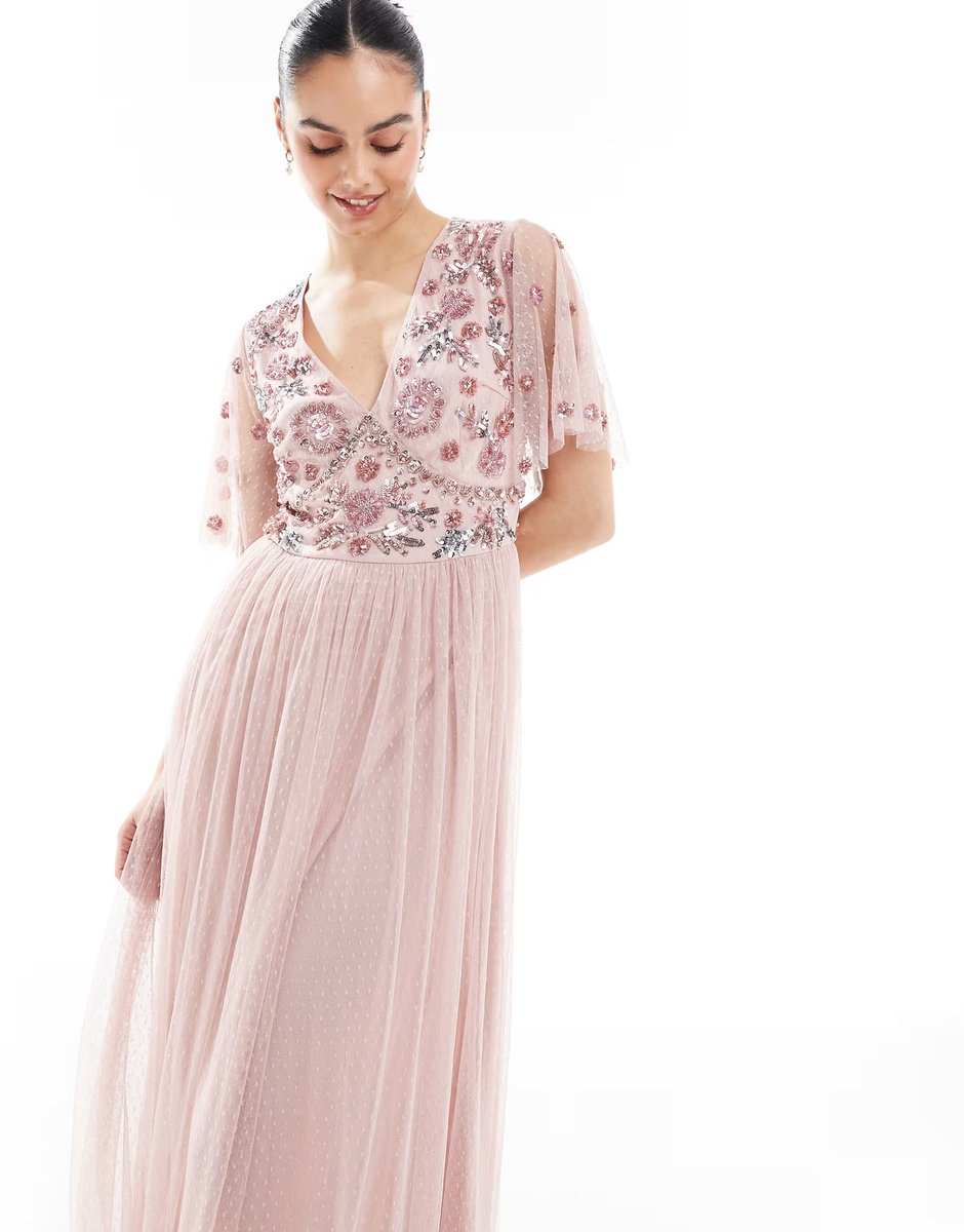 ASOS Maya Floral embellished Polka Dot mesh maxi bridesmaid dress in blush pink - 3