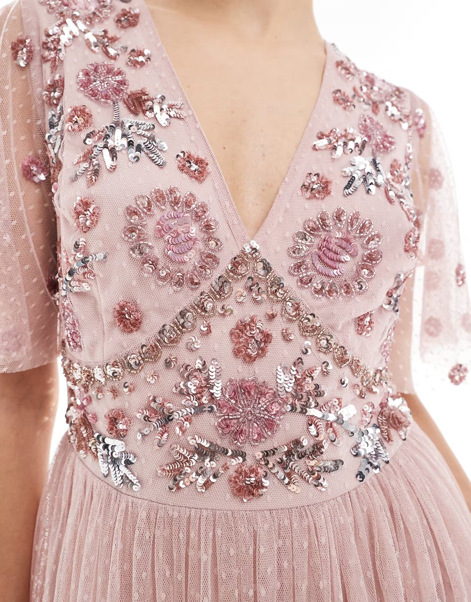 ASOS Maya Floral embellished Polka Dot mesh maxi bridesmaid dress in blush pink - 4