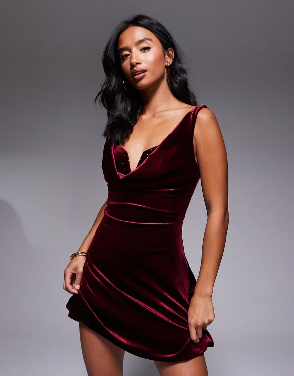 ASOS Jaded Rose Petite velvet mini with hotfix bra top detail in burgundy